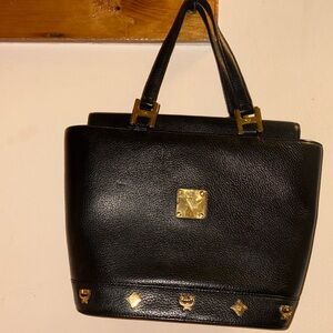 MCM Vintage Black Leather Golden Studded
Logo Motifs Small Tote Bag